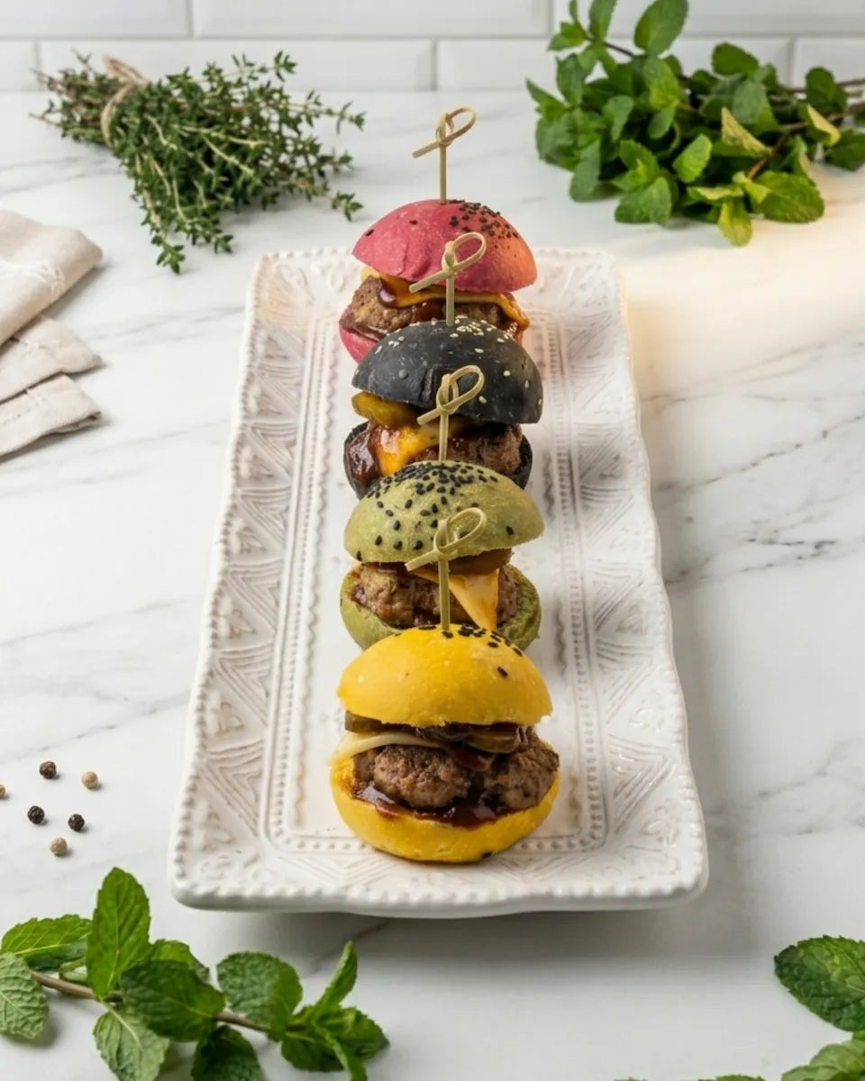 Picoteo gourmet de mini hamburguesas caseras para celebraciones y cócteles en Santiago.